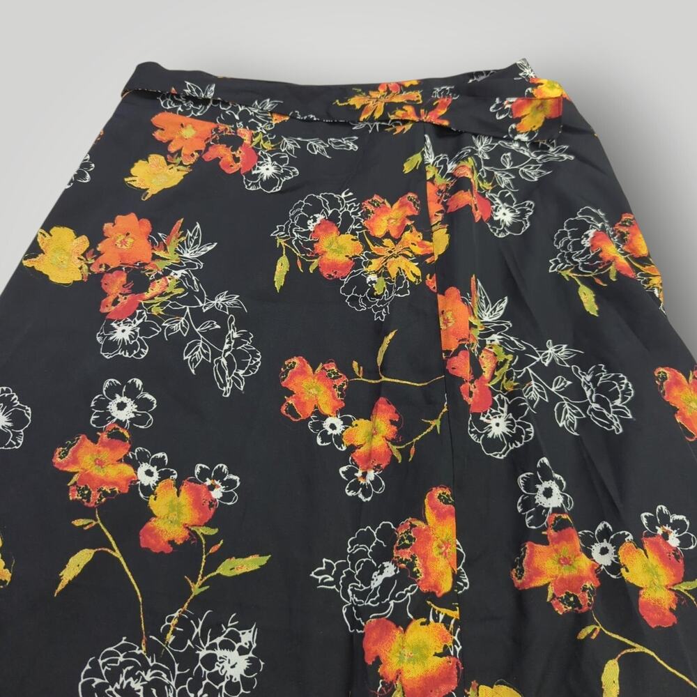 Chances R Women’s M Asymmetric Ruffle Midi Skirt Black w/ Orange & Yellow Floral - Picture 2 of 8
